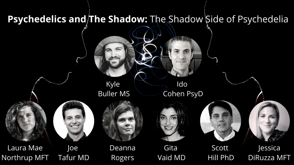 advertisement for psychedelics today course on the depth psychology concept of the shadow: Psychedelics and the Shadow: The Shadow Side of Psychedelia, featuring photos of each of the professors in small circles. starting with Kyle Buller MS on the top left and Ido Cohen PsyD on the top right. Then on the bottom from left to right, Laura Mae Northrup MFT, Joe Tafur MD, Deanna Rogers, Gita Said MD, Scott Hill PhD, Jessica DiRuzza MFT.